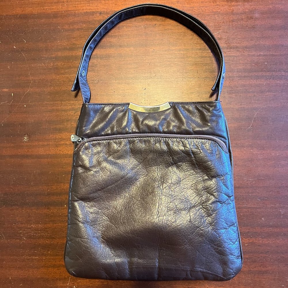 Cute Brown Shoulder Bag leather Purse,  zipper front pocket with gold accents.